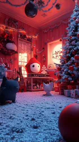 A Christmas Room with Red Monsters and Toys