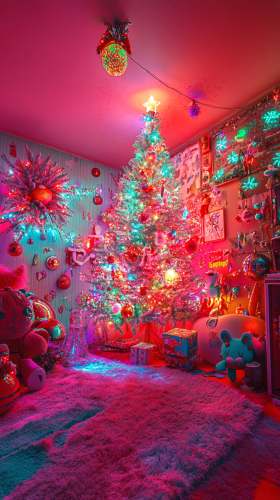 A Christmas room with red colors and monsters.