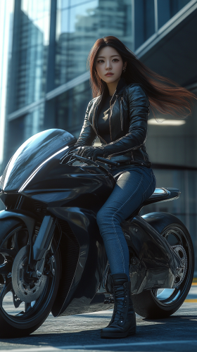 A Confident Japanese Woman on a Stylish Bike