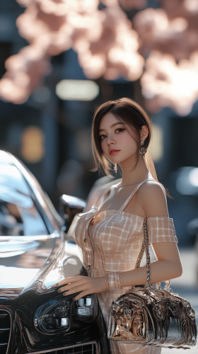 A Confident Japanese Woman with Luxury Car