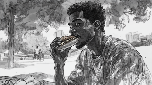 A Cool Guy Eating Chicken Burger in Urban Park