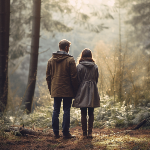 A Couple StandingTogether in a Forest Viewing Scenery