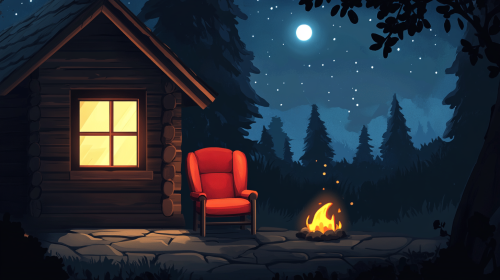 A Cozy Cabin Wall with Armchair, Animated at Night