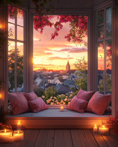 A Cozy Window Seat with Twilight Town View