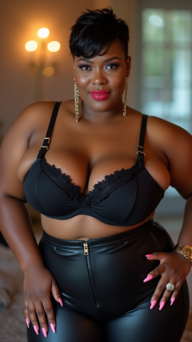 A Curvy Black Lady with Pixie Cut and Glossy Lips