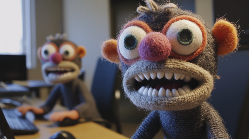 A Cute Angry Puppet Working on Computer