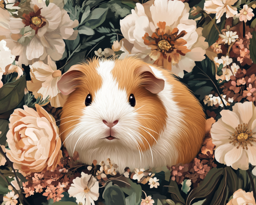 Adorable Guinea Pig Among Blooming Spring Flowers