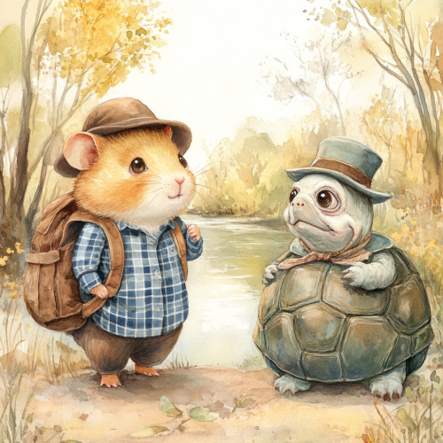 A Cute Hamster and Turtle in Forest Scene