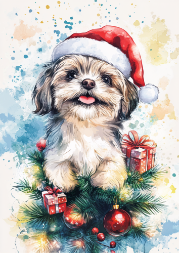 A Cute Puppy in Santa Hat on Christmas Card