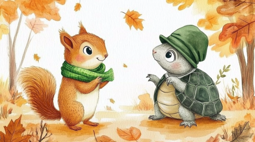 A Cute Squirrel and Turtle in Autumn Forest
