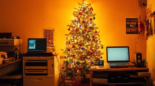 A Decorated Christmas Tree with Tech Gifts