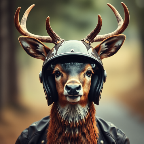 A Deer with a Vintage Motorcycle Helmet