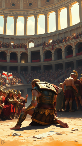 A Defeated Gladiator Awaiting Verdict in Roman Coliseum