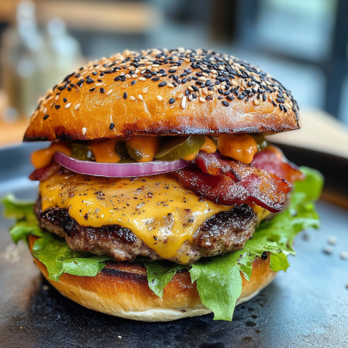 A Deluxe Grilled Burger with Savory Toppings
