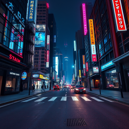 A Deserted Cyberpunk City Street at Night