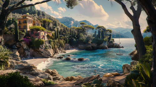 A Detailed Beach Advertisement in Portofino, Cinematic Lighting