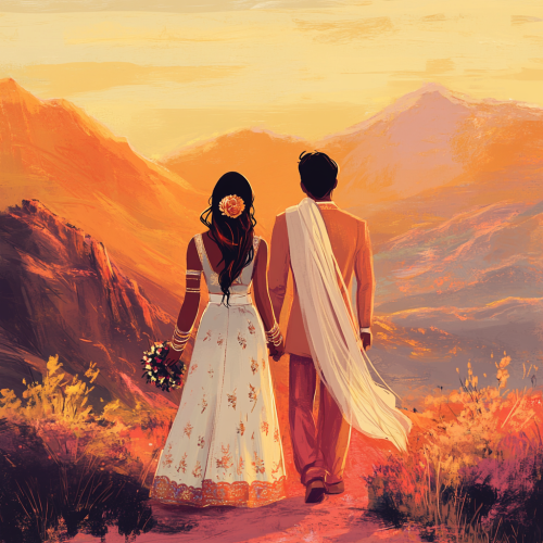 A Disney cartoon Indian wedding couple walking towards sunset