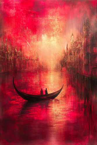 A Dreamy Cityscape Painting in Red and Gold