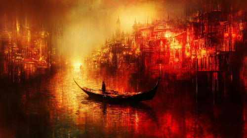 A Dreamy Red and Gold Cityscape Painting