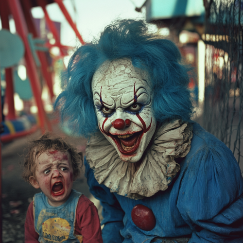 A Drunk Clown Poses with Crying Child