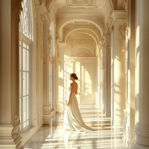 A Elegant European hall with tall windows preserved