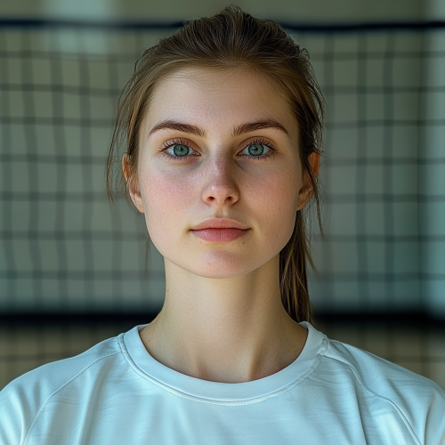 A European woman playing volleyball indoors with iPhone
