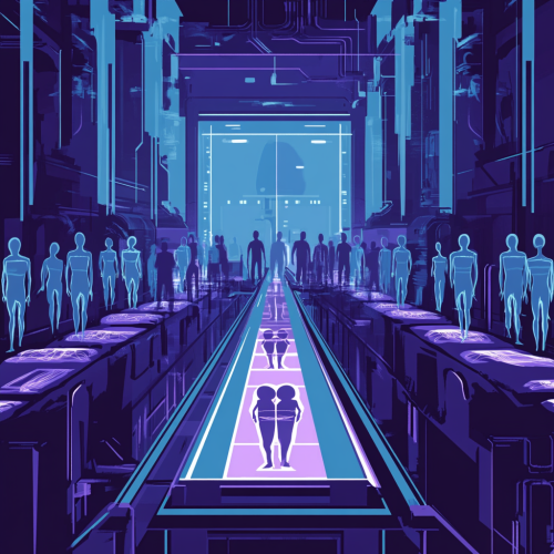 A Factory Cloning People in Blue and Purple