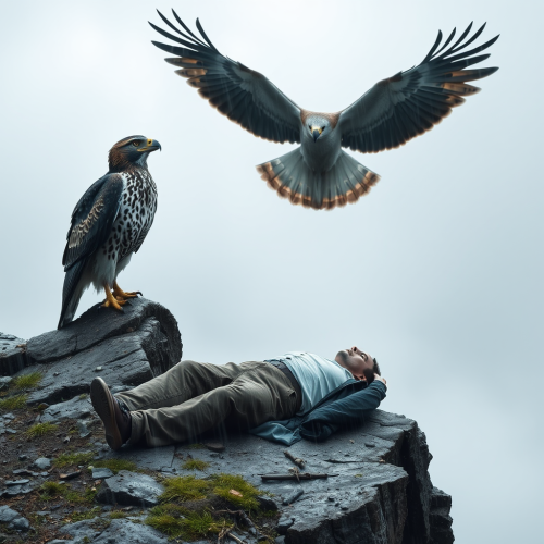 A Falcon Cries by Dead Man on Foggy Cliff