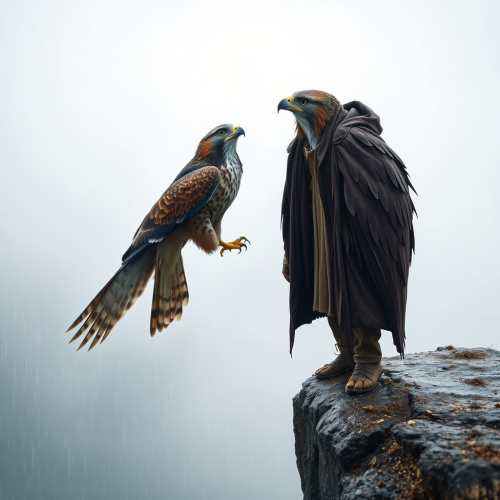 A Falcon Crying Beside Dying Man on Cliff