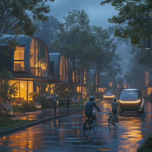 A Family Cycling Past Ecohouses on Futuristic Street