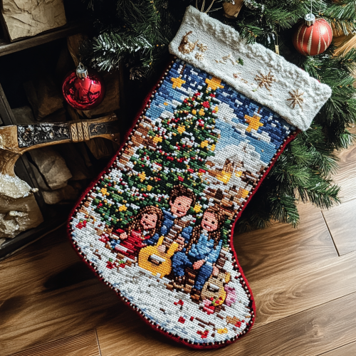A Family with Christmas Stocking and Guitar Decorations