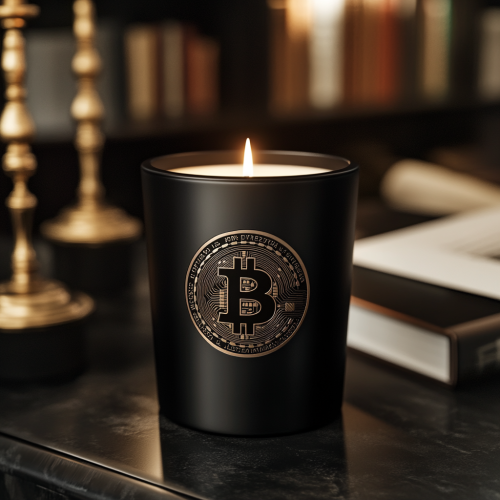 A Fancy Candle with Futuristic Label on Desk