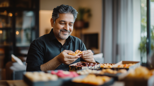 A Father Enjoying Indian Sweets at Home