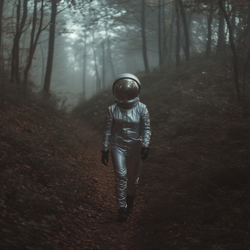 A Female Astronaut Walking Through a Forest
