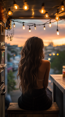 A Female Food Truck Owner Counting Earnings at Sunset