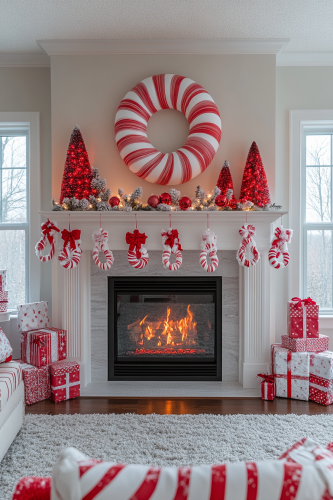 A Festive Candy Cane Fireplace Mantle Display A Festive Candy Cane Fireplace Mantle Display