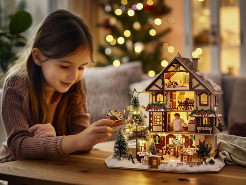 A Festive Christmas Living Room with Dollhouse