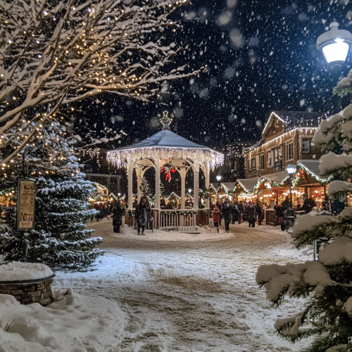 A Festive Christmas Town Square with Sparkly Decorations