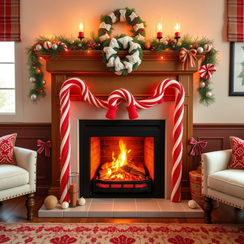 A Festive Fireplace with Candy Canes