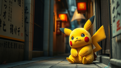 A Fluffy Pikachu in a Japanese Alleyway