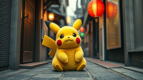 A Fluffy Pikachu in a Realistic Japanese Alleyway