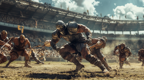 A Football Player Mid-Tackle in Medieval Football Game.