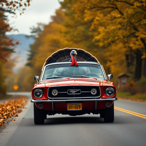 A Ford Mustang with turkey driver on road.