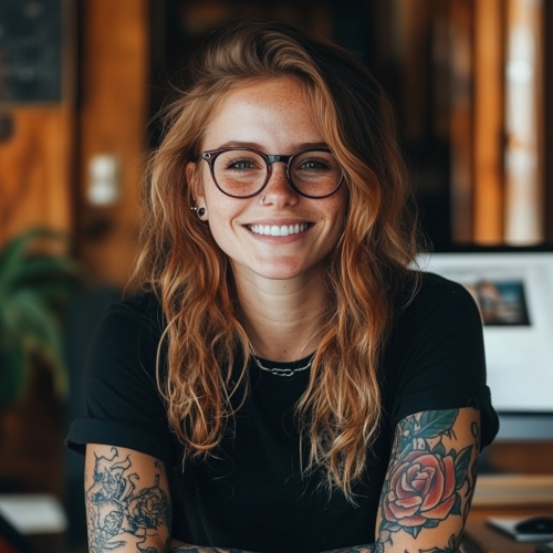 A Freelance Copywriter with Tattoos Smiling in Office