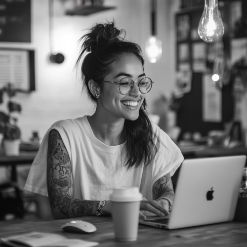 A Freelance Writer with Tattoos Smiling at Camera