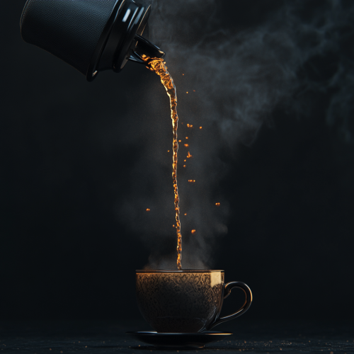 A French coffee press pouring hot coffee