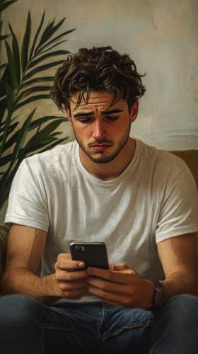 A Frustrated Man Looking at Smartphone in Living Room
