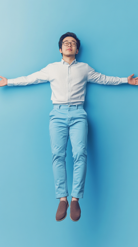 A Funny Curious Asian Man in Blue Pants