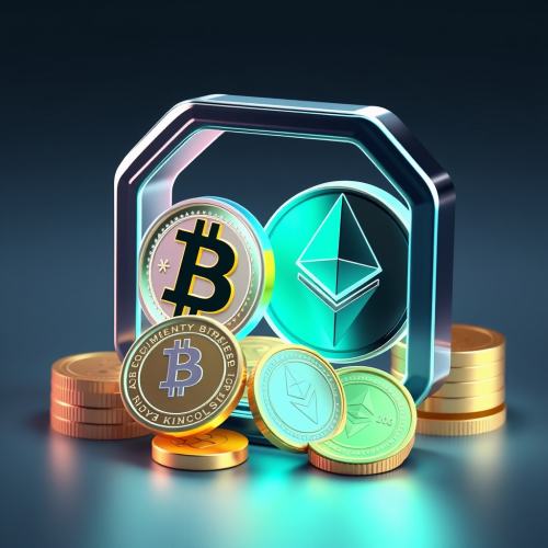A Futuristic 3D Digital Cryptocurrency Icon Display