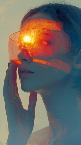 A Futuristic Figure Shielding Eyes in Desert Sun